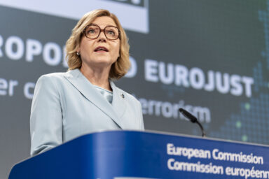 Henna Virkkunen speaking at a press conference on strengthening Europol and Eurojust