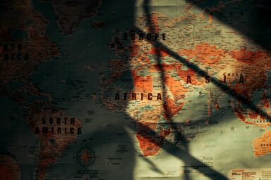 A world map showing Africa and Europe with shadows cast across it