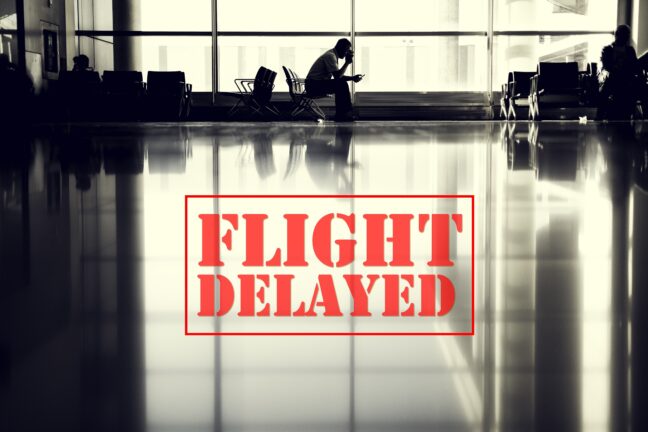 15:15 Silhouette of a passenger sitting alone in an airport with a "Flight Delayed" sign