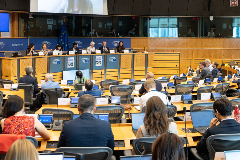 Members of the European Parliament and other participants attend a workshop on AI-enabled military systems in a parliamentary meeting room