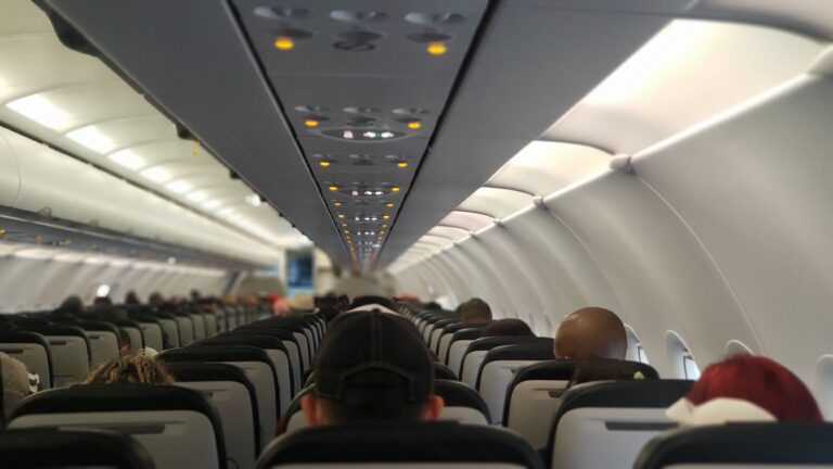 View from behind of airline passengers seated in an aircraft cabin