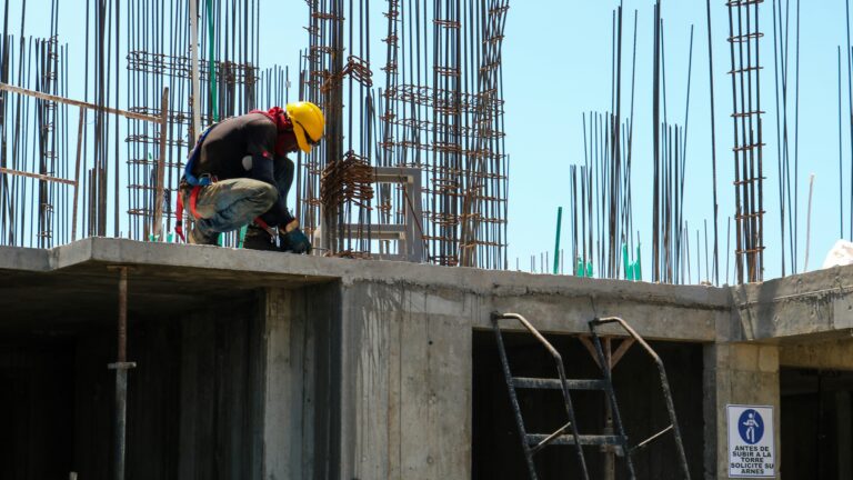 Worker on a reinforced concrete structure under construction
