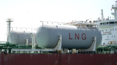 Liquefied natural gas containers loaded on a cargo ship