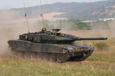 German Army Leopard 2 A7V assigned to 393 tank battalion (PzBtl) on display at Open Day at Kyffhäuser barracks in Bad Frankenhausen 2024
