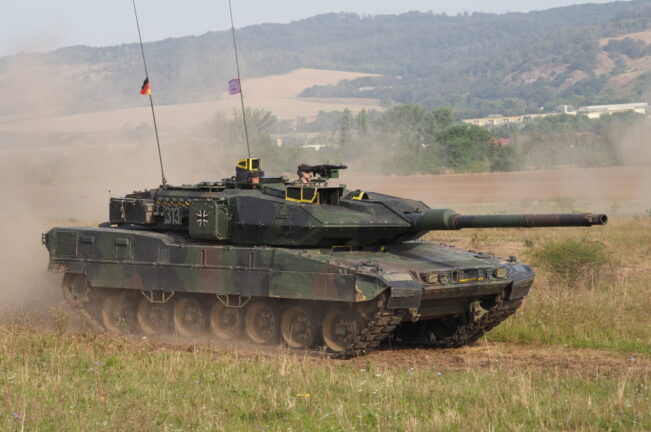 German Army Leopard 2 A7V assigned to 393 tank battalion (PzBtl) on display at Open Day at Kyffhäuser barracks in Bad Frankenhausen 2024