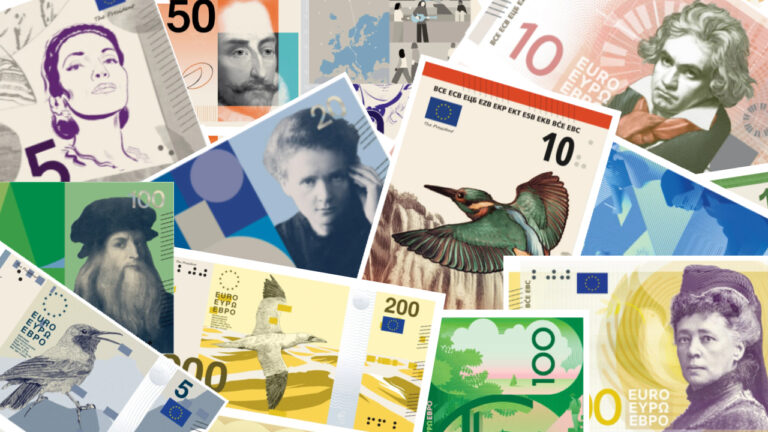 Collage of the ten finalist designs for the future euro banknotes