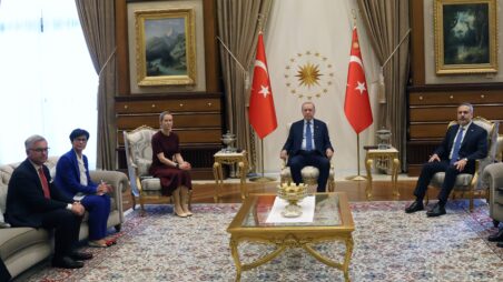 Magnus Brunner, Marta Kos, Kaja Kallas, Recep Tayyip Erdoğan and Hakan Fidan