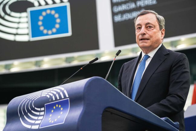 Mario Draghi speaking at a European policy event