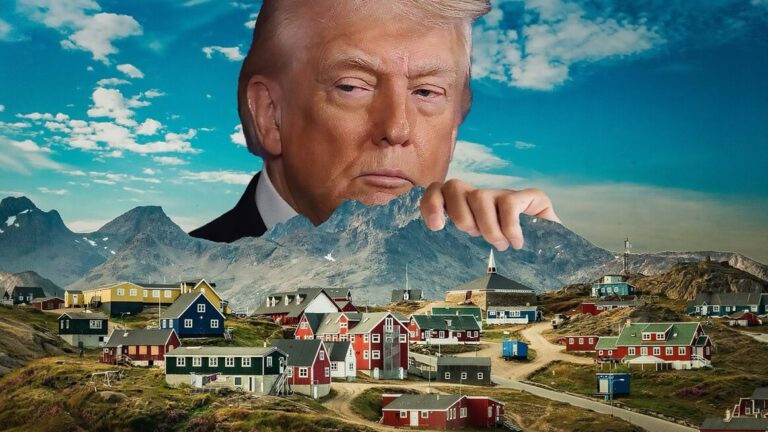 Donald Trump peeking over a mountain behind a Greenland town in a social media collage