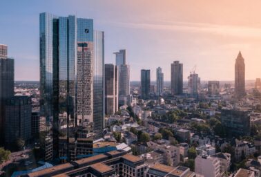 Aerial view of Frankfurt's financial district skyscrapers at sunset