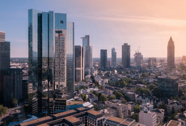 Aerial view of Frankfurt's financial district skyscrapers at sunset