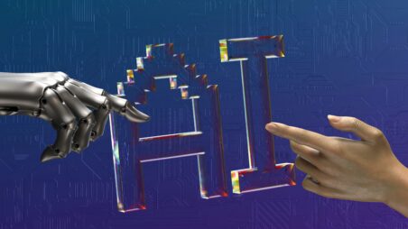 Robot and human hands reaching toward a glowing AI symbol against a digital circuit board background