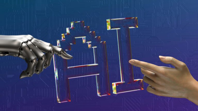 Robot and human hands reaching toward a glowing AI symbol against a digital circuit board background