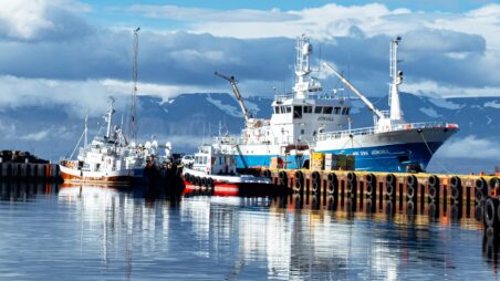 Fishing boats docked in an Icelandic harbour