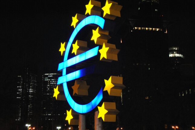 Euro sculpture outside the former European Central Bank headquarters in Frankfurt