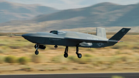 A YFQ-42A Collaborative Combat Aircraft lifts off during a flight test at a range in California, Aug. 27, 2025. Developed in partnership with General Atomics, the aircraft is part of the Air Force’s initiative to rapidly field affordable, semi-autonomous platforms designed to augment crewed aircraft in future combat operations. (Courtesy photo)