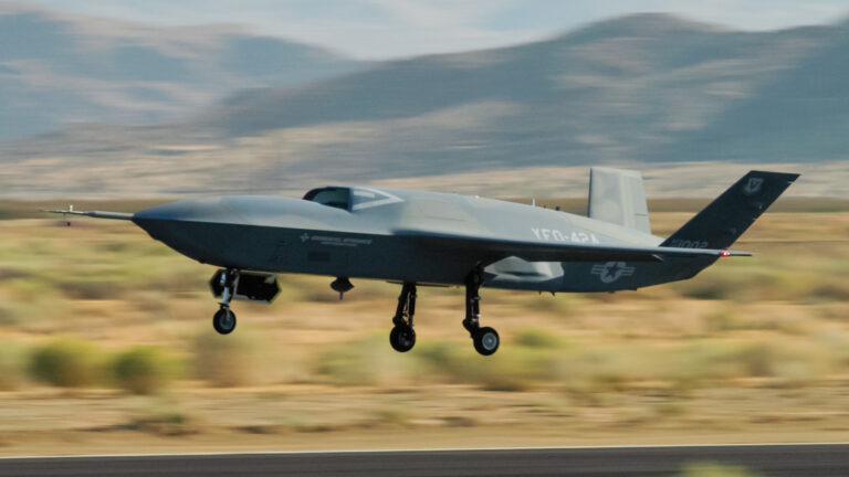 A YFQ-42A Collaborative Combat Aircraft lifts off during a flight test at a range in California, Aug. 27, 2025. Developed in partnership with General Atomics, the aircraft is part of the Air Force’s initiative to rapidly field affordable, semi-autonomous platforms designed to augment crewed aircraft in future combat operations. (Courtesy photo)