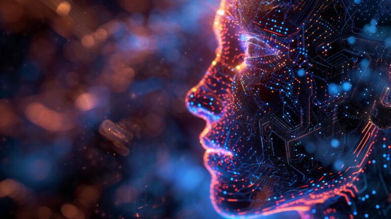 AI-generated face made of digital particles and circuitry