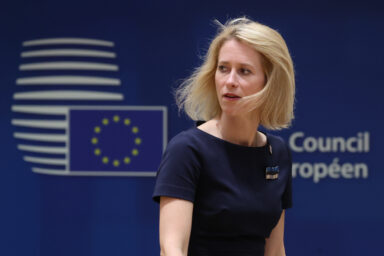 Kaja Kallas, EU High Representative for Foreign Affairs, walking past the Council of the EU logo