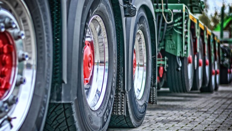 Close-up of the wheels of a heavy-duty truck