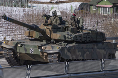 A Republic of Korea Army K-2 Black Panther assigned to the 112th Mechanized Infantry Battalion moves during a joint exercise in Hongcheon, Republic of Korea, Feb. 13, 2025. ROKA ground forces conducted a hasty defense and coordinated with U.S. air assets to obtain close air support. This exercise provided ROKA forces with perspective on how U.S. air assets can provide support, reaffirming the commitment to the U.S.-ROK Alliance and defense of the Korean peninsula. (U.S. Air Force photo by Staff Sgt. Jason W. Cochran)
