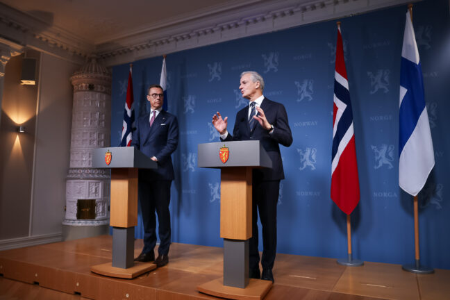 Finnish President Alexander Stubb and Norwegian Prime Minister Jonas Gahr Støre at a joint press conference in Oslo