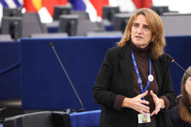 Teresa Ribera speaking and gesturing in the European Parliament plenary chamber