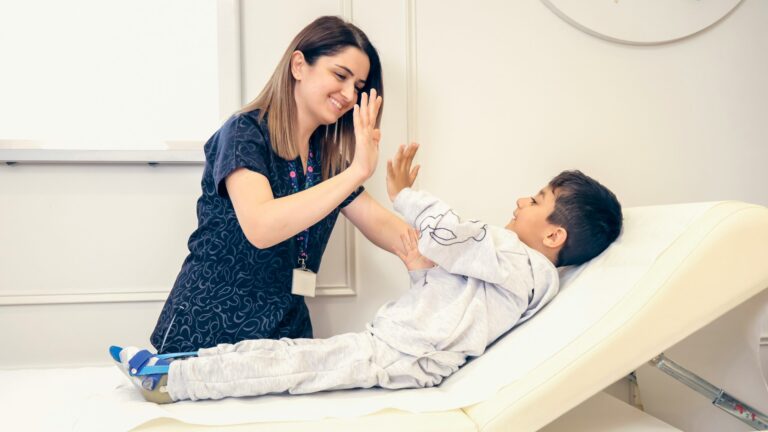 A child with osteogenesis imperfecta and a nurse
