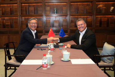 Handshake between Wang Wentao, Minister of Commerce of China, on the left, and Maroš Šefčovič.