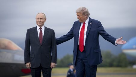 President Donald J. Trump welcomes Russian President Vladimir Putin to Joint Base Elmendorf-Richardson, Anchorage, Alaska, August 15, 2025 (DoD photo by Benjamin Applebaum)